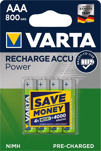 VARTA Recharge Accu Power Micro AAA, HR03, LR03, 1.2V, 800mAh, 4er Blister,  wie R3, R03, LR03, AAA